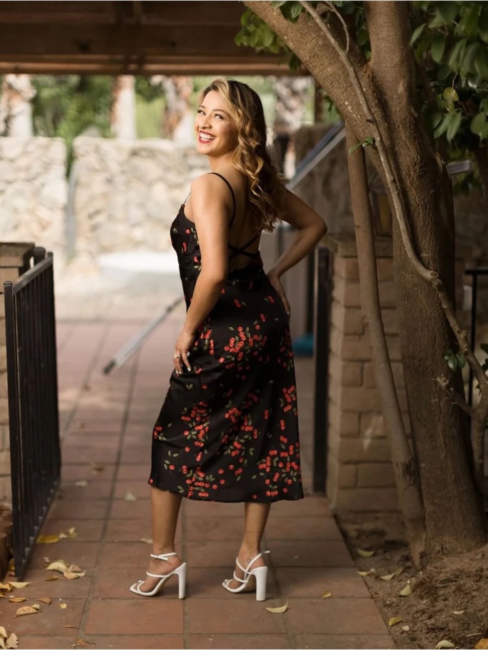 Black Floral Slip Midi Dress with Red Cherry Print